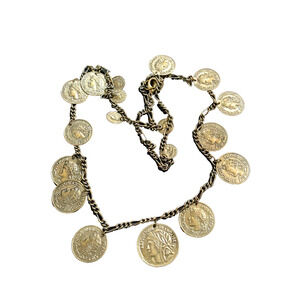 Vintage French Francs Coins Dangle Charm Necklace Bronze Tone 21.5" Long